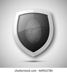 Protection shield encoded fingerprint icon. Privacy banner. Vector Security label. Defense tag. Presentation sticker shape. Biometric identification systems of human