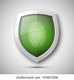 Protection shield encoded fingerprint icon. Safety finger scan concept badge. Privacy banner. Vector Security label. Defense tag. Presentation sticker shape. Biometric identification systems of human