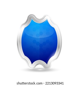 Protection shield frame aluminum shiny silver with blue shiny glass glowing isolated on white background. Safety label blank for text. Presentation sticker shape. Icon 3D Vector EPS10.