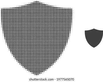 Protection shield halftone dotted icon illustration. Halftone pattern contains circle pixels. Vector illustration of protection shield icon on a white background.