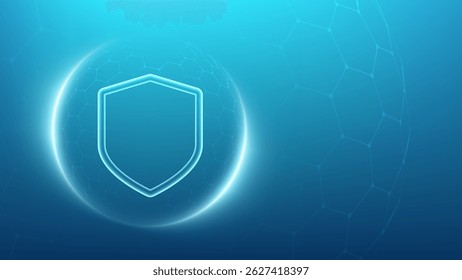 Escudo de Proteção. Saúde. Seguros. Escudo de proteção com ícone de marca de verificação dentro do escudo de esfera transparente com padrão hexágono no fundo azul. 