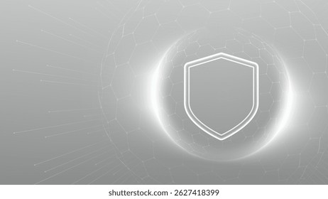 Escudo de Proteção. Saúde. Seguros. Escudo de proteção com ícone de marca de verificação dentro do escudo de esfera transparente com padrão hexágono no fundo azul. 