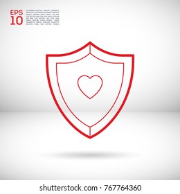 Protection shield with heart flat vector icon
