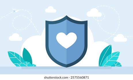 Protection shield with heart. Health protection icon stock illustration. Cardiology concept. Heart on Shield. 
Life insurance. Health coverage sign. Protection policy symbol. Flat vector illustration