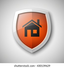 Protection shield house security home concept. Safety badge icon. Privacy banner. Security label. Defense tag. Presentation sticker shape. Defense sign. Vector illustration