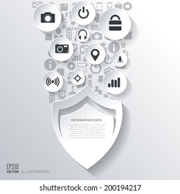Protection shield icon. Flat abstract background with web icons. Interface symbols. Cloud computing. Mobile devices.Business concept.
