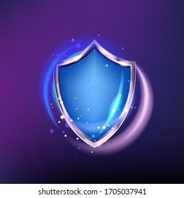 protection shield icon isolated on blue shine   background. 3d realistic armor and honeycombs