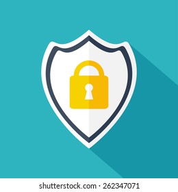 Protection shield icon with lock. Flat design. Vector illustration