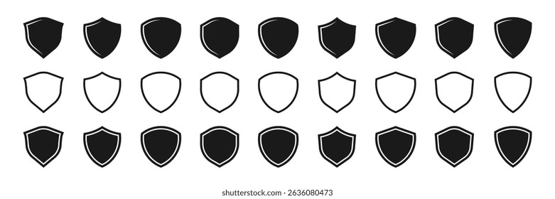 Protection shield icon set vector. Ideal for logo, crest, badge, symbol, emblem, etc. design projects. Protective security shapes silhouette for quality, safety, defense, and certification visuals.