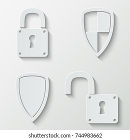 Protection shield and lock icons - paper  set