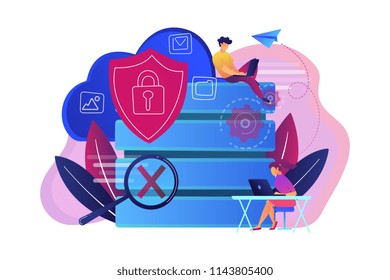 Protection shield with lock, magnifier and users working with protected data. Internet security, privacy and data protection, safe work concept, violet palette. Vector isolated illustration.