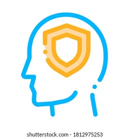 Protection Shield In Man Silhouette Mind Vector Icon Thin Line. Gear And Brain, Heart And Money, Padlock And Magnifier Illustration