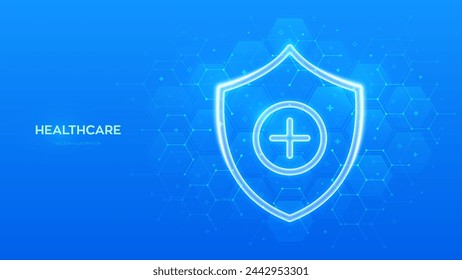 Protection shield with medical cross sign. Healthcare, Medical services. Life insurance symbol. Virus protection. Health care, Medicine. Blue medical background with hexagons. Vector illustration.