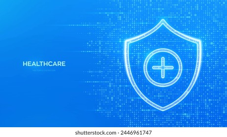 Escudo de protección con señal cruzada médica. Atención médica, servicios médicos. Símbolo de seguro de vida. Protección antivirus. Fondo médico azul hecho con símbolo de forma cruzada. Ilustración vectorial.