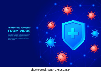 Protection Shield Medical health sector against Virus. Virus outbreak in the world. Fighting with corona. Technology background.Illustration of coronavirus COVID-2019 on a blue background.