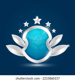 Protection shield and metallic aluminum shiny silver with blue shiny glass glowing. Safety badge label icon 3d isolated on solid background. Presentation sticker shape. Defense sign. Vector.