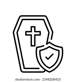 Protection shield on coffin showing death insurance concept icon
