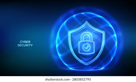 Protection shield with padlock with check mark inside glowing dome and protective energy field. Cyber security, personal data protection. Internet privacy, firewall, antivirus. Vector illustration