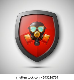 Protection shield with Respirator mask concept. Safety badge icon. Privacy banner. Security label. Defense tag. Presentation sticker shape. Defense sign. Vector illustration.