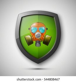 Protection shield with Respirator mask concept. Safety badge icon. Privacy banner. Security label. Defense tag. Presentation sticker shape. Defense sign. Vector illustration.