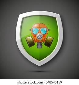 Protection shield with Respirator mask concept. Safety badge icon. Privacy banner. Security label. Defense tag. Presentation sticker shape. Defense sign. Vector illustration.
