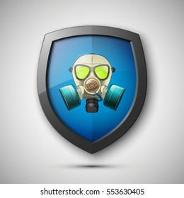 Protection shield with Respirator mask concept. Safety badge icon. Privacy banner. Security label. Defense tag. Presentation sticker shape. Defense sign. Vector illustration.