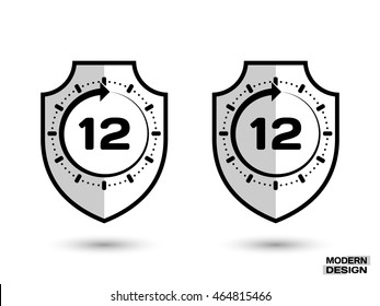 Protection shield with shadow, and sign - 12 hour cycle. Icon isolated on white background. Vector