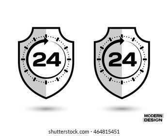 Protection shield with shadow, and sign - around the clock, 24 hours. Icon isolated on white background. Vector