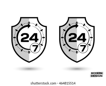 Protection shield with shadow, and sign - around the clock, 24 hours 7 day. Icon isolated on white background. Vector