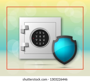 Protection shield strongbox. Safety badge banking. Defense safeguard shield finans icon. Security bank software. Financial shield guard. Privacy Electronic money funds transfer. Deposits investments