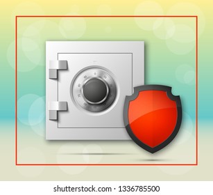 Protection shield strongbox. Safety badge banking. Defense safeguard shield finance icon.  