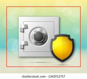 Protection shield strongbox. Safety badge banking. Defense safeguard shield finans icon. Security bank software. Financial shield guard. Privacy Electronic money funds transfer. Deposits investments