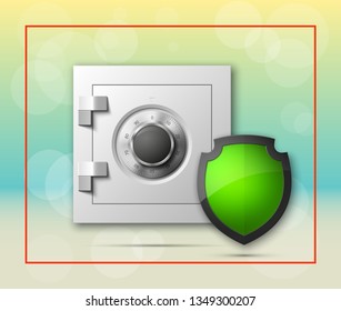 Protection shield strongbox. Safety badge banking. Defense safeguard shield finans icon. Security bank software. Financial shield guard. Privacy Electronic money funds transfer. Deposits investments