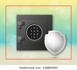 Protection shield strongbox. Safety badge banking. Defense safeguard shield finans icon. Security bank software. Financial shield guard. Privacy Electronic money funds transfer. Deposits investments