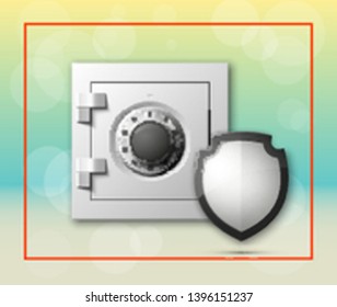 Protection shield strongbox. Safety badge banking. Defense safeguard shield finans icon. Security bank software. Financial shield guard. Privacy Electronic money funds transfer. Deposits investments