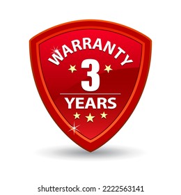 Protection shield. Warranty 3 years medal. Red guarantee badge. Vector emblem. Quality sign.