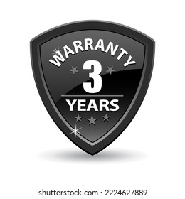 Protection shield. Warranty 3 years medal. Black guarantee badge. Vector emblem. Quality sign.