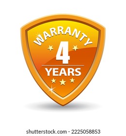 Protection shield. Warranty 4 years medal. Orange guarantee badge. Vector emblem. Quality sign.
