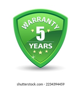 Protection shield. Warranty 5 years medal. Green guarantee badge. Vector emblem. Quality sign.
