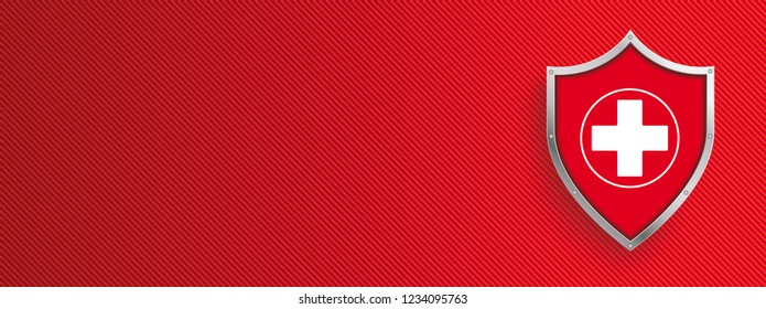 Protection shield with white cross on the red striped background. Eps 10 vector file.