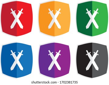 Protection Shield with White Cross Swords Vector Graphic: Red, Orange, Green, Blue, Purple & Black