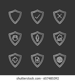 Protection shields chalk icons set. Medical insurance, private documents, property, people, network security. Isolated vector chalkboard illustrations