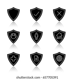 Protection shields drop shadow black glyph icons set. Medical insurance, private documents, property, people, network security. Isolated vector illustrations