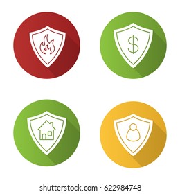 Protection shields flat design long shadow icons set. Bank account, real estate, personal security. Flammable sign. Vector silhouette illustration