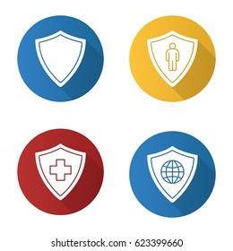 Protection shields flat design long shadow icons set. Medical insurance, bodyguard, network security. Vector silhouette illustration