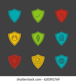 Protection shields glyph color icon set. Medical insurance, private documents, property, people, network security. Silhouette symbols on black backgrounds. Negative space. Vector illustrations