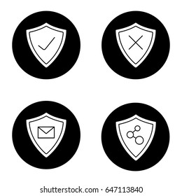 Protection shields glyph icons set. Email and network connection security. Approved and denied protection. Vector white silhouettes illustrations in black circles