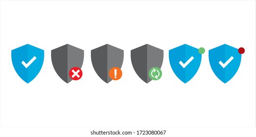 Protection shields pack with status notification. Antivirus defense icon with task indicator. Updating, alarm, virus detection, warning, awareness. Vector. Simple design. Software graphic element.