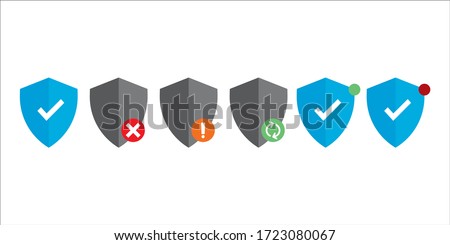Protection shields pack with status notification. Antivirus defense icon with task indicator. Updating, alarm, virus detection, warning, awareness. Vector. Simple design. Software graphic element.