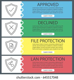 Protection shields web banner templates set. Approved, declined, file protection, lan security Website color menu items with linear icons. Vector headers design concepts